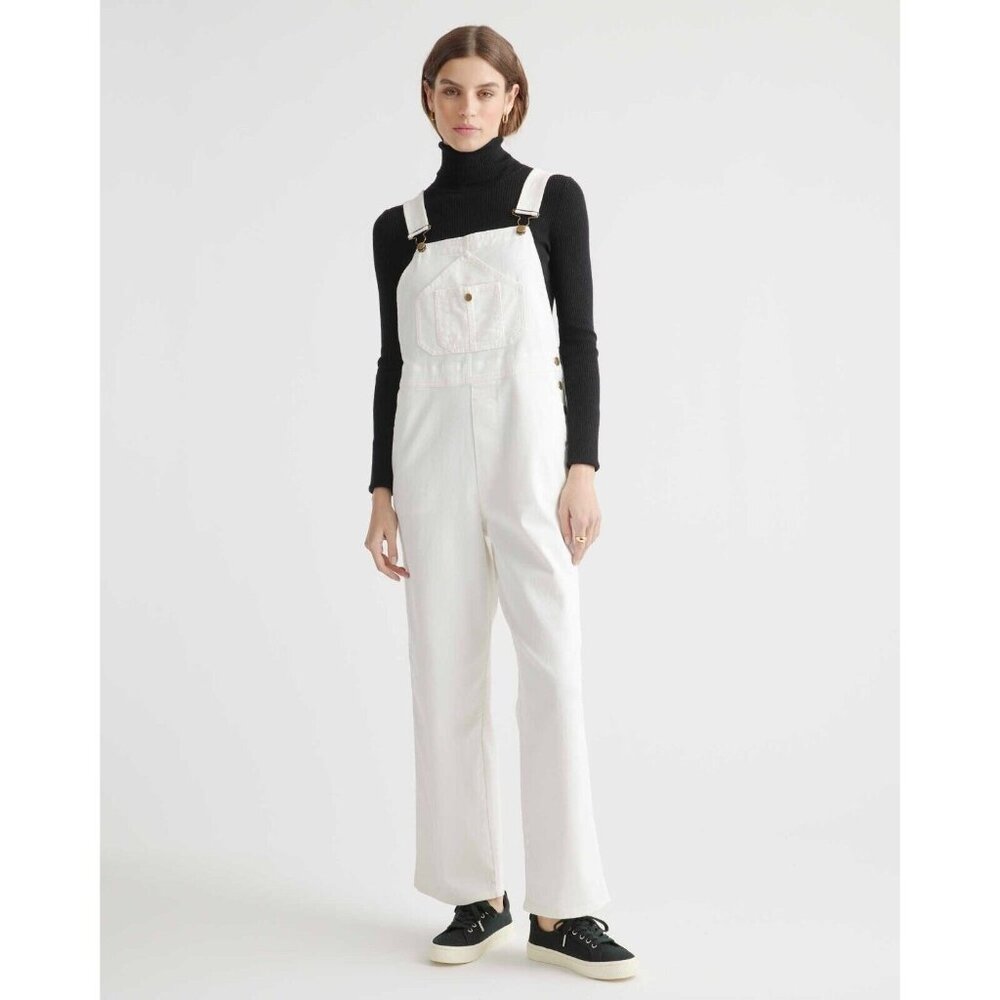 Quince Organic Stretch Cotton Twill Relaxed Overalls Ivory Small NWT